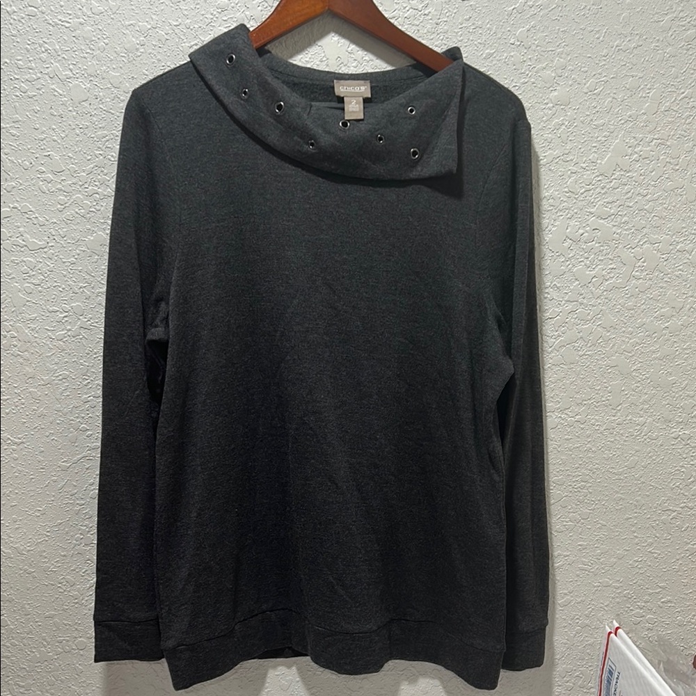 Chico's Black Long Sleeve Top with Studded Collar size 2 GUC - Picture 3 of 10
